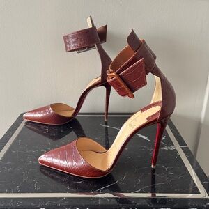 Christian Louboutin Harler Dark Brown Croc-Embossed Heels buckle ankle cuff 40